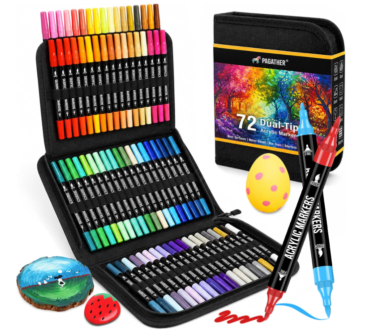 Pagather 72 dual-tip acrylic markers in a zippered case with fine and brush tips, shown with decorated wood, rock, and egg samples.