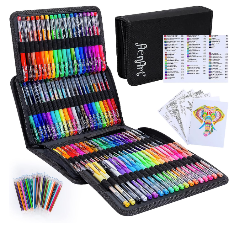 Aen Art gel pen set in a zippered case with glitter, neon, pastel, and metallic pens, refills, and sample coloring pages.
