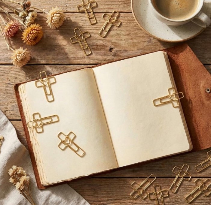 Gold cross-shaped paper clips with a heart at the center clipped to an open journal beside coffee and dried flowers.