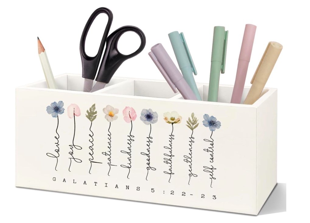 White three-compartment desk pen holder decorated with watercolor flowers and Galatians 5:22–23 Fruit of the Spirit words.