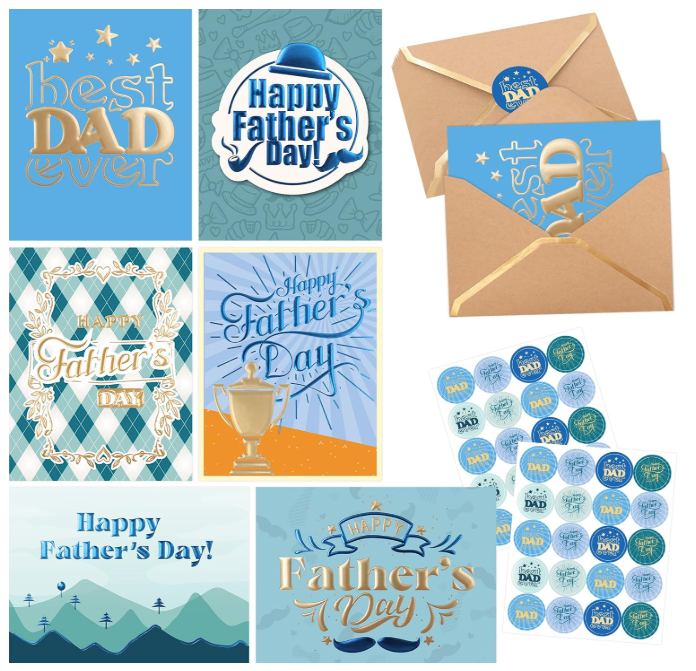 Assorted Father's Day greeting cards in blue and gold designs with kraft envelopes and matching sticker seals.