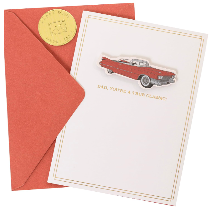 Handmade Father's Day greeting card with a classic red car illustration and Dad, You're a True Classic! text, shown with a kraft envelope.