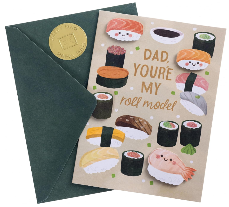 Handmade Father's Day greeting card with sushi illustrations and Dad, You're My roll model text, shown with a dark green envelope.