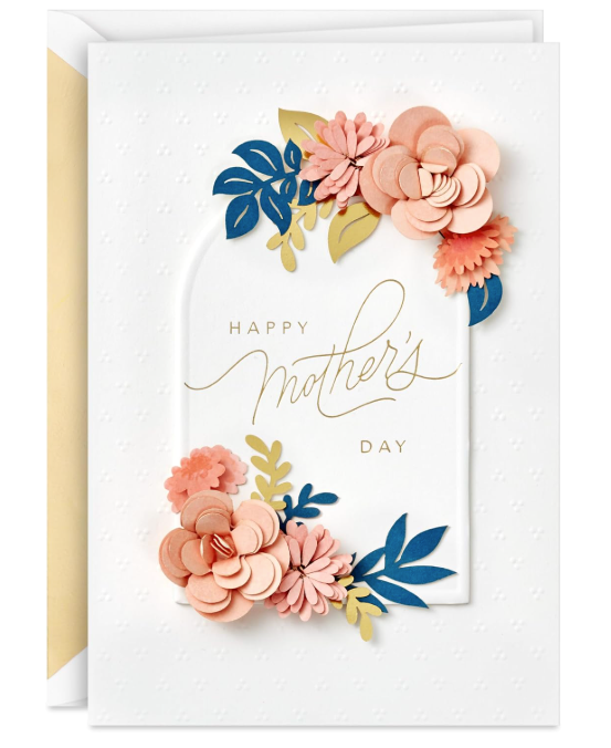 Hallmark Signature Mother's Day greeting card with an arched gold foil frame, 3D floral embellishments, and Happy Mother's Day text, shown with a matching envelope.