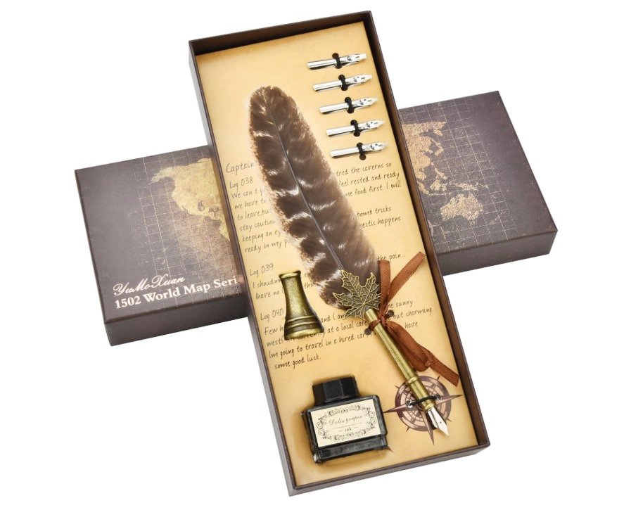 Yu Mo Xuan 1502 World Map Series feather quill pen set with ink bottle, brass stand, extra nibs, and map-themed gift box.