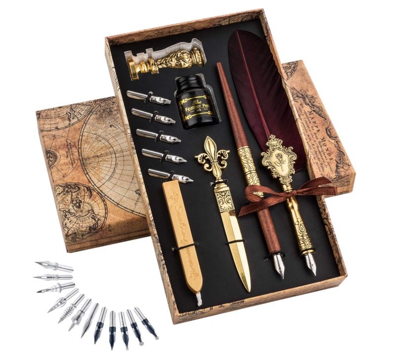 Hethrone calligraphy set with burgundy quill pen, wooden dip pen, wax seal stamp, sealing wax, letter opener, ink bottle, and antique map gift box.