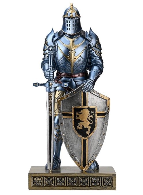 Medieval knight figurine paperweight in blue-steel and gold plate armor holding a sword and heater shield with a rampant lion emblem on a decorative bronze base.