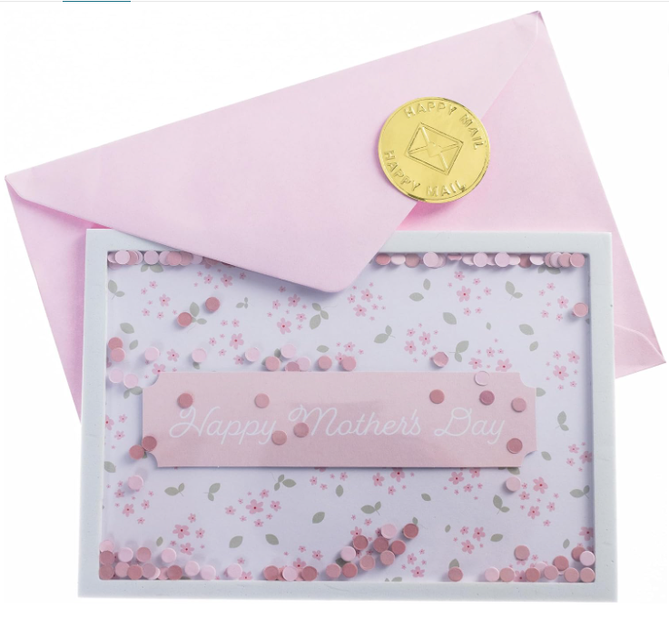 Handmade Mother's Day shaker greeting card with pink floral design and confetti window, shown with a matching envelope.