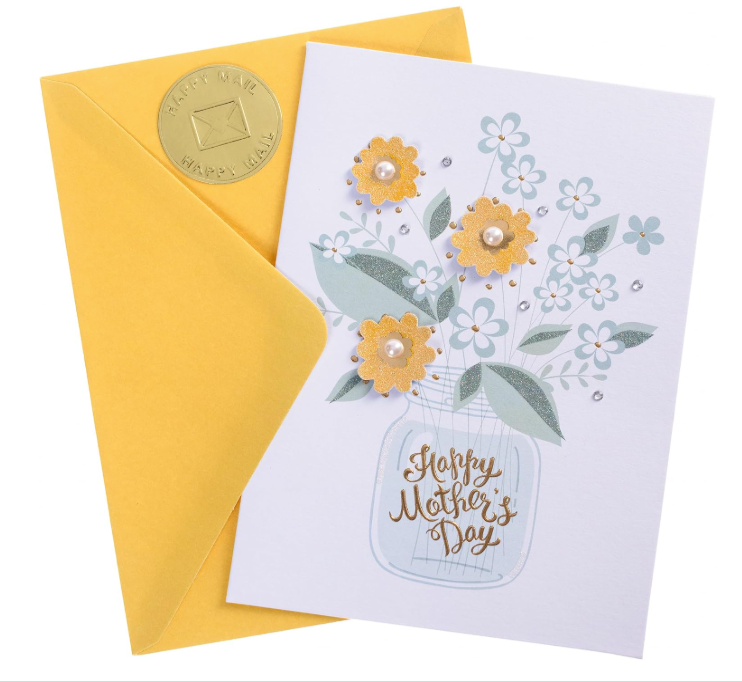 Handmade Mother's Day greeting card with a mason jar floral bouquet, 3D yellow glitter flowers, and Happy Mother's Day text, shown with a yellow envelope and gold Happy Mail seal.