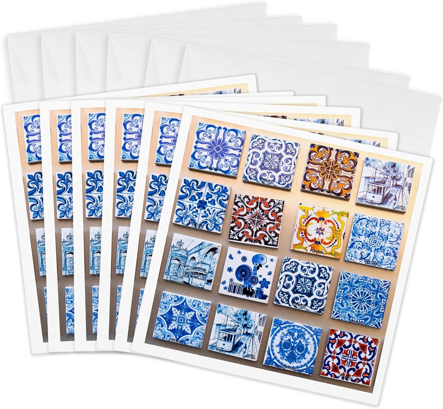 Square greeting card with a colorful azulejo tile grid photo from Lisbon's Alfama district, shown with matching envelopes in a six-card set.
