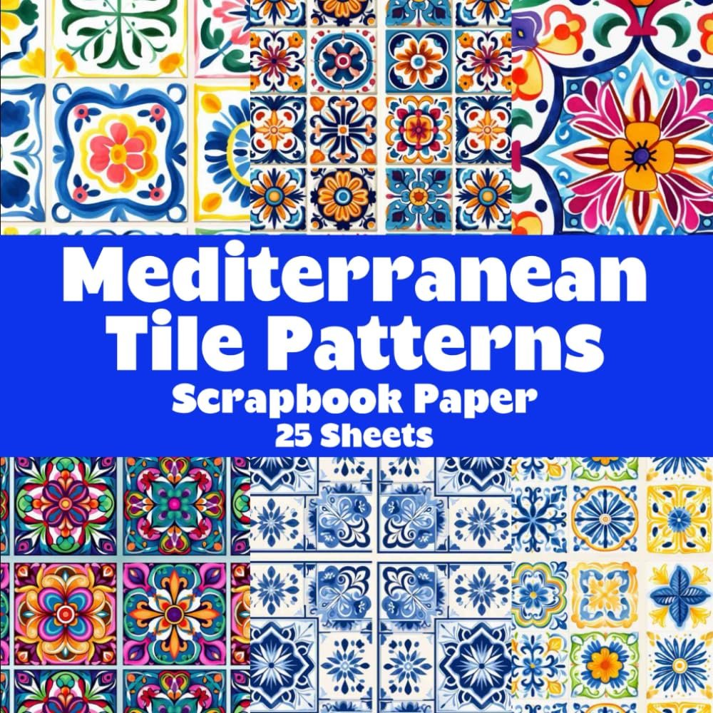 Mediterranean Tile Patterns scrapbook paper pad with colorful azulejo-style tile designs on double-sided sheets for craft projects and junk journals.