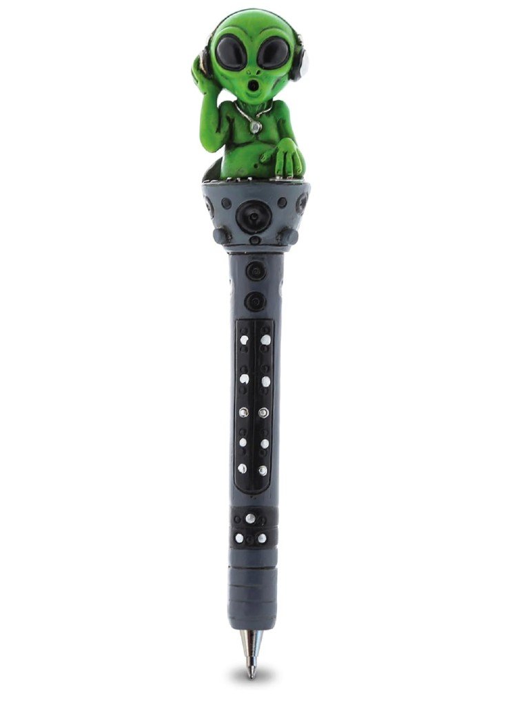 Green alien DJ novelty ballpoint pen with a 3D figurine wearing headphones at a DJ console, shown on a white background.