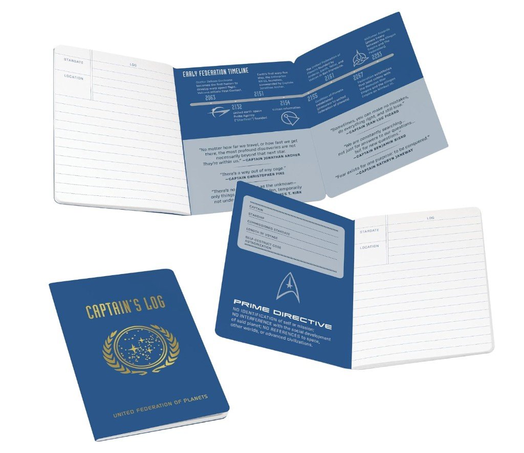 Passport-sized Captain's Log sci-fi pocket notebook with a blue cover, United Federation of Planets emblem, stardate log pages, Prime Directive interior spread, and an Early Federation Timeline fold-out.