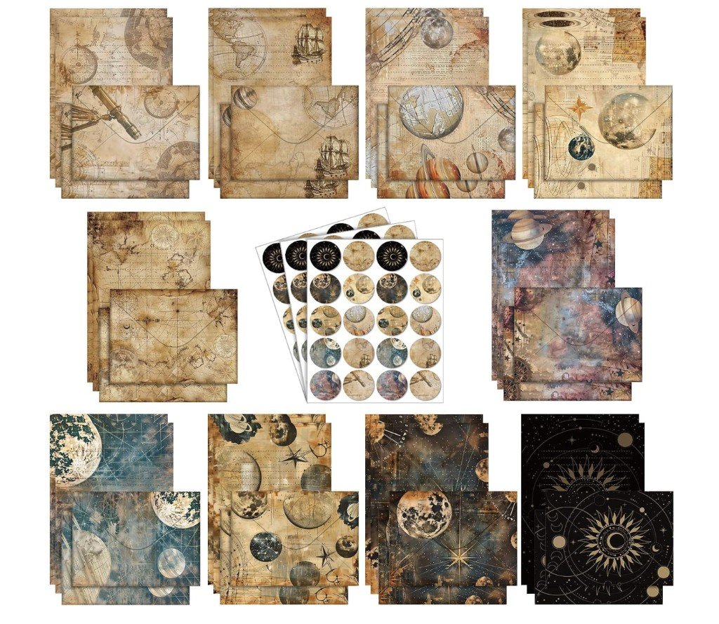 Ten vintage celestial and navigation themed stationery designs with matching envelopes, featuring maps, sailing ships, planets, moon phases, and three sheets of round sticker seals.