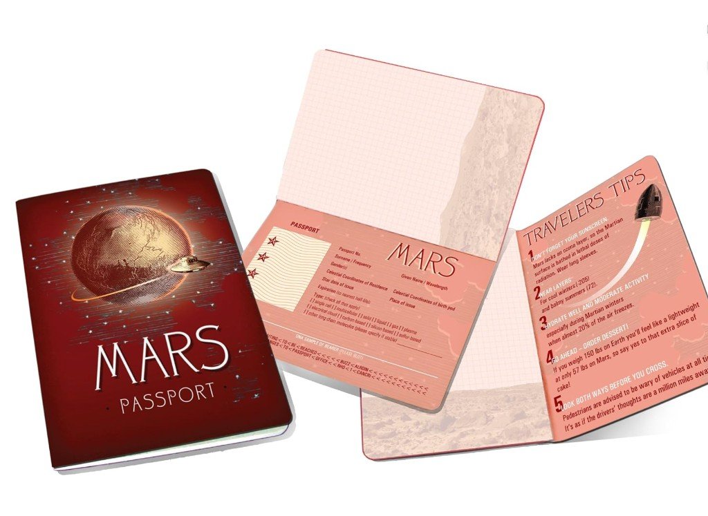 Passport to Mars pocket notebook with a red Mars cover, UFO illustration, and interior pages featuring sci-fi passport fields and Travelers Tips for visiting Mars.