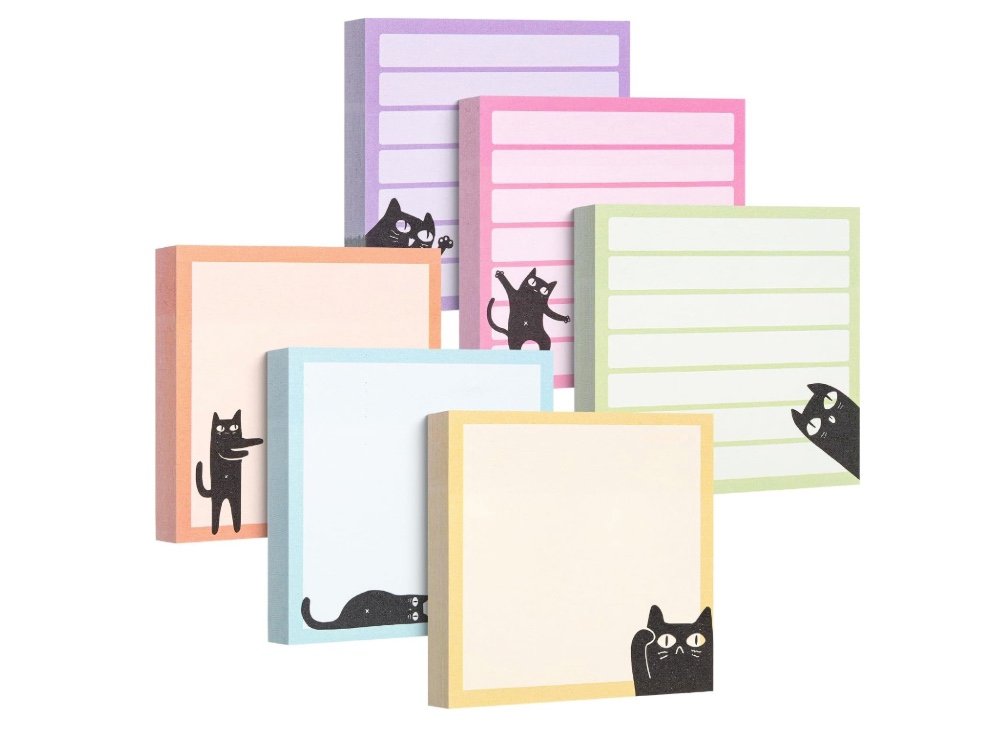 Six pastel sticky note pads with playful black cat illustrations in purple, pink, green, peach, blue, and yellow.