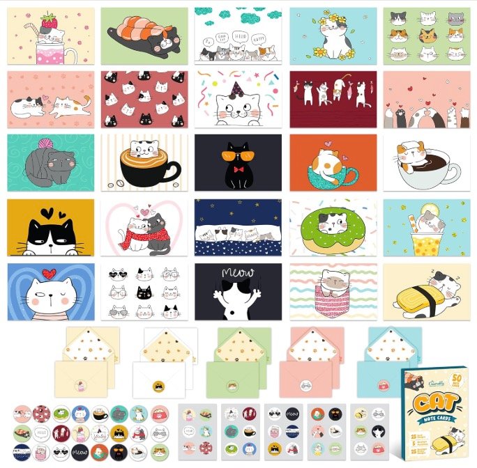 Chocovila cat note card set with 25 kawaii cat designs, matching envelopes in five colors, and round cat stickers beside the retail box.