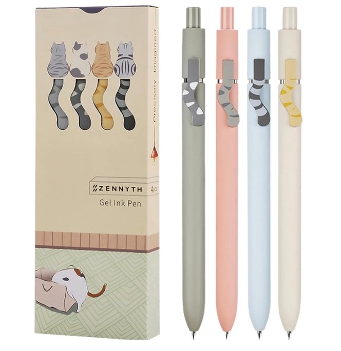 ZENNYTH four-pack of pastel gel ink pens with cat-tail clips beside the illustrated retail box.
