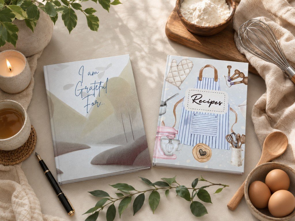 Qlir Publishing gratitude and recipe journals on a kitchen table with tea and baking props.