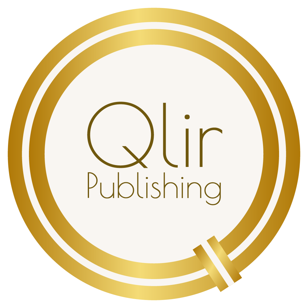 This image is a logo for "Qlir Publishing." The design features a circular emblem with a gold and white color scheme. The outer ring of the circle is gold, and it frames a white interior where the text is placed. In the center, the word "Qlir" is written in a modern, sleek font, with "Publishing" positioned directly below it in a slightly smaller font. The gold color of the text matches the outer ring, creating a cohesive and elegant look. There is a small gold detail on the bottom right edge of the circle that resembles a ribbon or seal, adding a touch of distinction to the design.